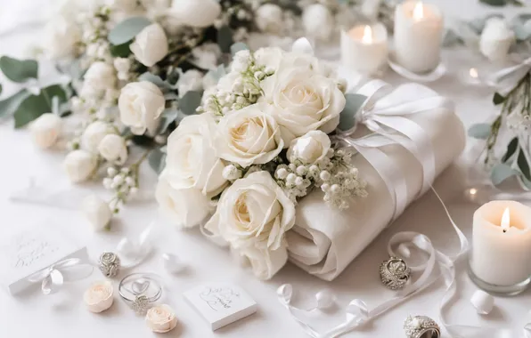 Holiday, gift, roses, bouquet, ring, candles, tape, white background