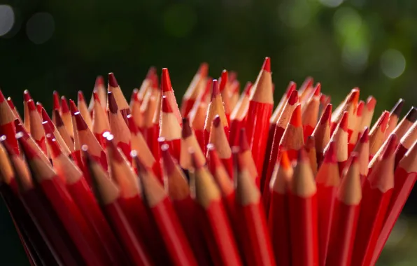 Picture macro, light, red, pencils, a lot, green background, bokeh