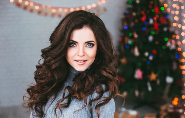 Picture look, girl, holiday, hair, tree, new year, portrait, makeup