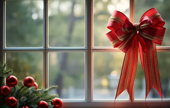 Balls, window, Christmas, New year, bow, AI art, neural network
