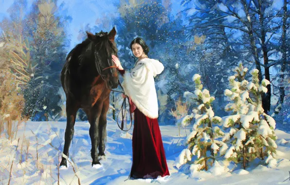 Winter, forest, snow, Park, horse, horse, picture, walk