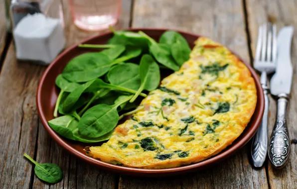 Bowl, omelette, spinach