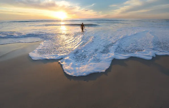 Sand, sea, wave, beach, the sky, the sun, clouds, light