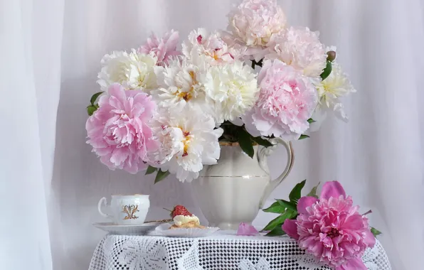 Bouquet, Cup, cake, peonies