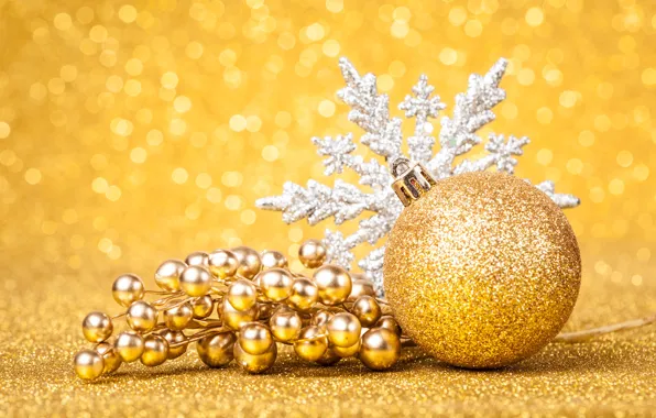 Snowflakes, berries, holiday, new year, Golden ball
