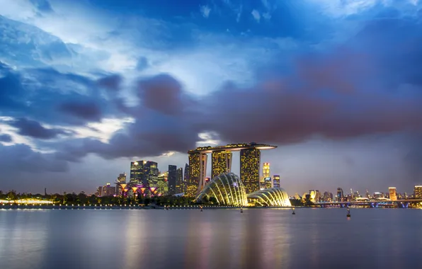 The sky, night, clouds, the city, Bay, Singapore, Singapore, Gardens by the Bay