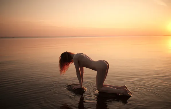 Ass, chest, girl, landscape, sunset, model, naked, body