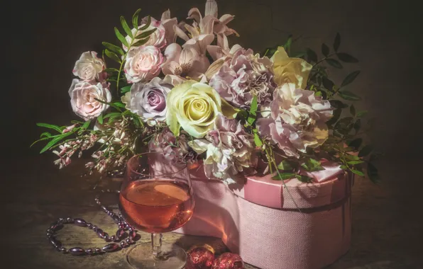 Flowers, gift, glass, bouquet, candy, still life, Vladimir Volodin