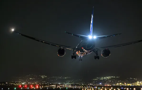 Night, the plane, Japan, airport, Osaka, Boeing 747