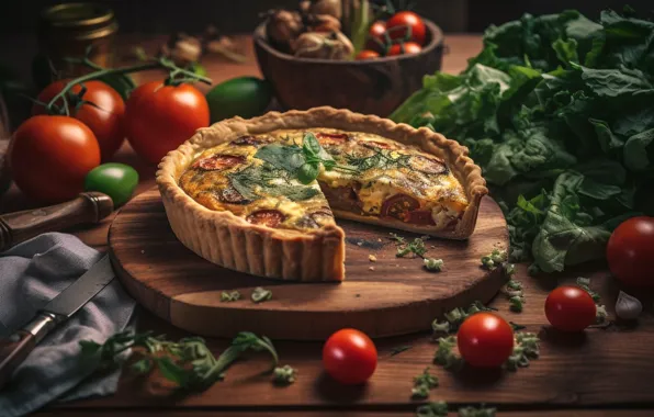 Greens, table, food, cheese, pie, knife, vegetables, tomatoes