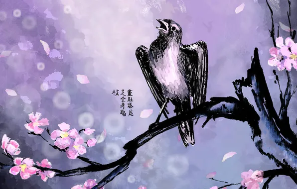 Flowers, bird, branch, spring, characters, purple background