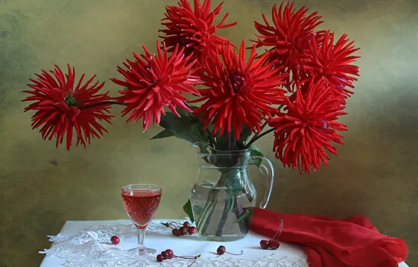 Cherry, glass, dahlias