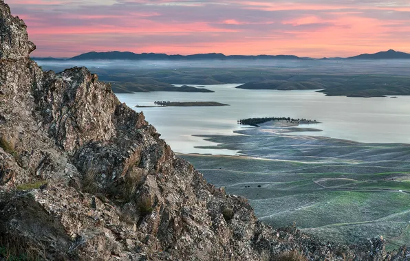 Sunset, nature, lake, hills, Mountain