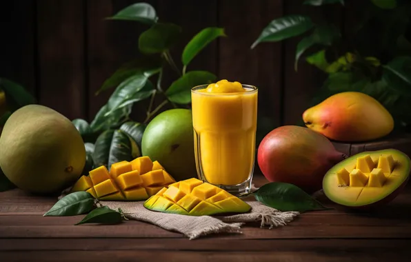 Leaves, glass, table, Board, juice, mango, digital art, smoothies