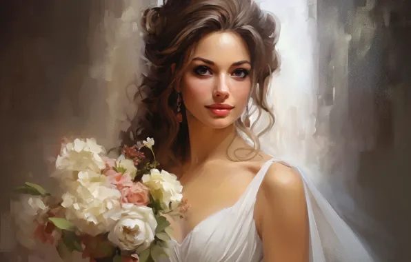 Look, girl, flowers, portrait, roses, bouquet, brunette, hairstyle