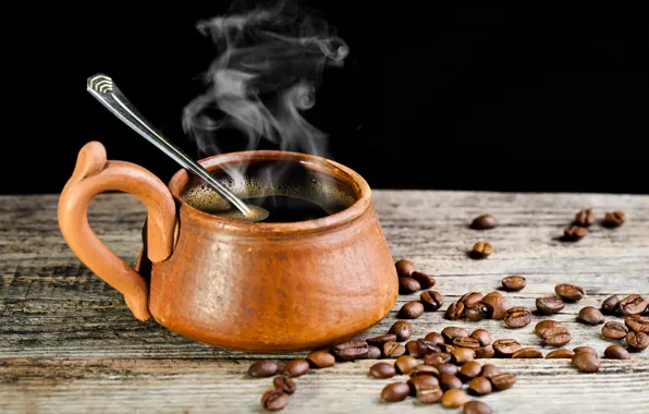 Table, tree, coffee, grain, couples, spoon, Cup, black background