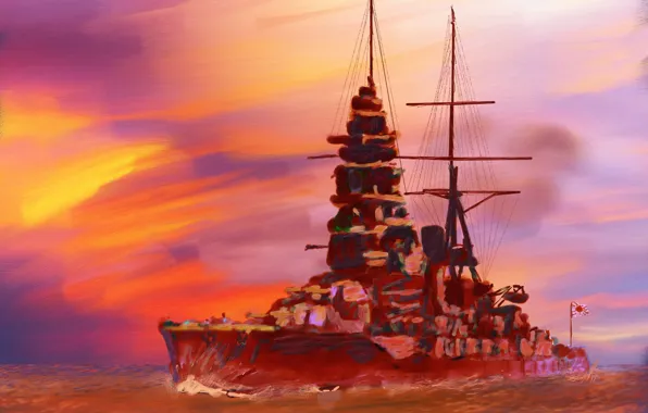 Picture sea, painting, battleship, Japanese, fleet, Imperial, "Mutsu"