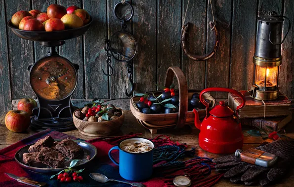 Apples, kettle, mug, nuts, still life, Libra, plum