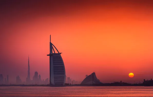 The sky, the sun, dawn, Dubai, Dubai, UAE, Jumeirah beach hotel, Burj Al Arab