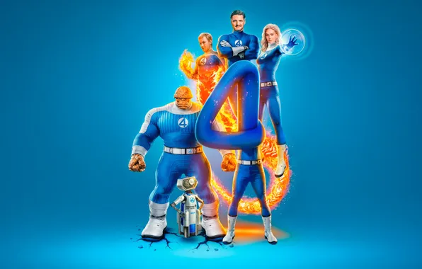 Art, poster, blue background, characters, comic, Fantastic four, MARVEL, Fantastic Four
