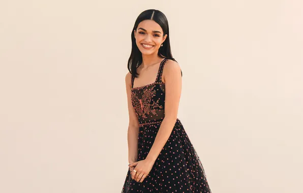 Smile, background, portrait, dress, actress, brunette, Rachel Zegler, Rachel Zegler