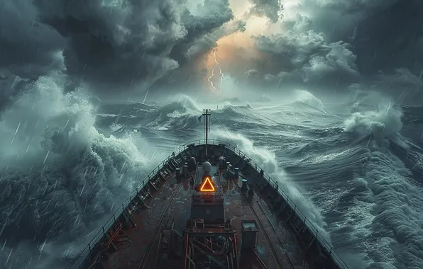 Sea, Wave, Lightning, Ship, Rain, Storm, Digital art, AI art