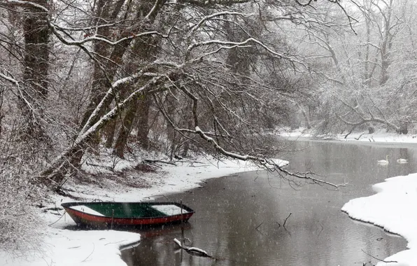 Winter, snow, river, boat