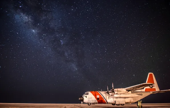 Picture the sky, night, stars, the airfield, Lockheed, military transport aircraft, Lockheed, C-130 Hercules