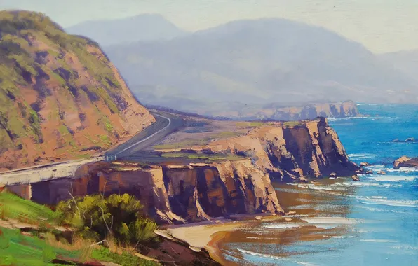 Road, sea, landscape, hills, coast, art, artsaus