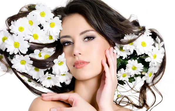 Picture BACKGROUND, LOOK, HAIR, WHITE, BRUNETTE, CHAMOMILE, MOOD, FACE
