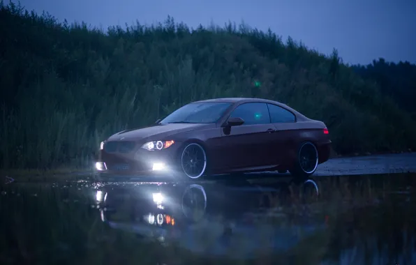 Red, bmw, BMW, red, 335i, headlights, e92, puddle reflection