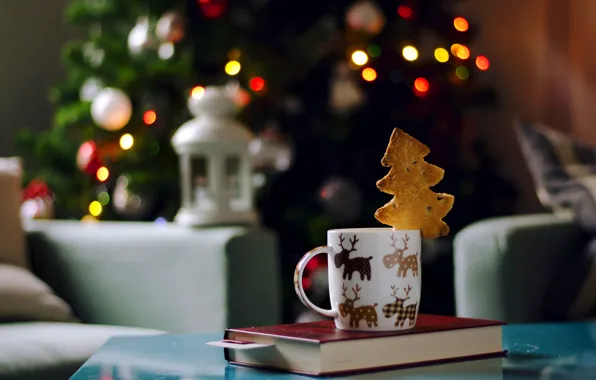 Lights, chair, New Year, cookies, Christmas, flashlight, lantern, Cup