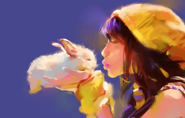 Girl, tenderness, kiss, rabbit
