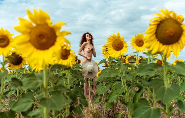 The SKY, FIELD, CLOUDS, HAT, MODEL, SUNFLOWERS, photographer Alexander Filipenko, Julia