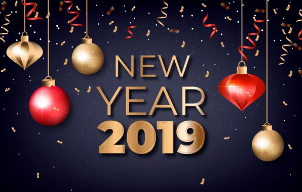 Holiday, balls, New year, new year, Golden, Holiday, 2019, Confetti