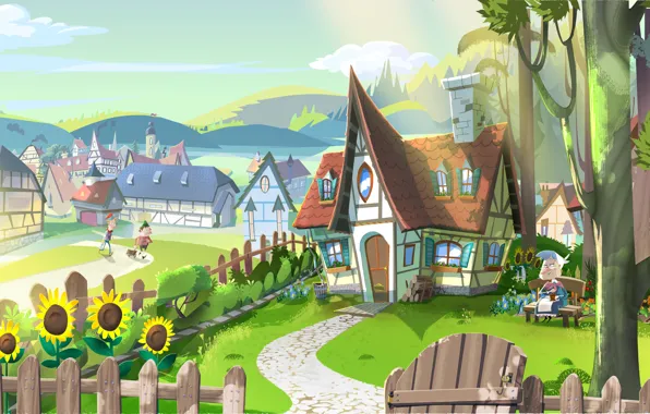 Sunflowers, comfort, hills, road, houses, town
