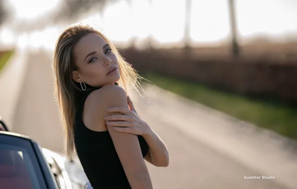 Road, look, the sun, pose, model, portrait, makeup, dress