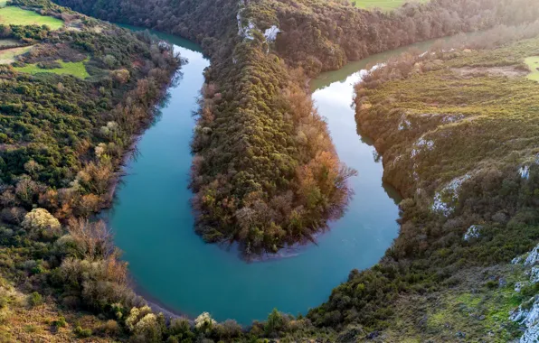 Picture the sun, trees, river, hills, field, Spain, the view from the top, Asturias