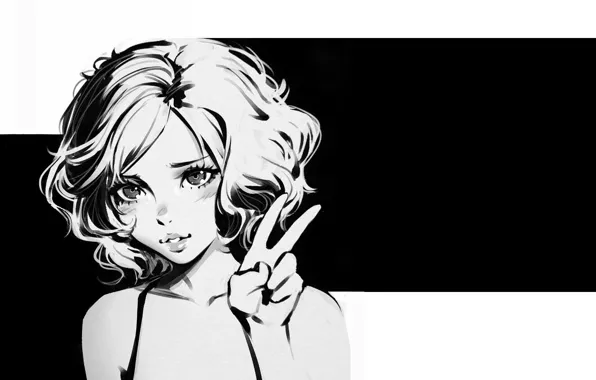 Face, haircut, black and white, portrait of a girl, gesture V, Kuvshinov Ilya