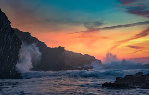 Picture sea, wave, the sky, sunset, storm, stones, rocks, shore