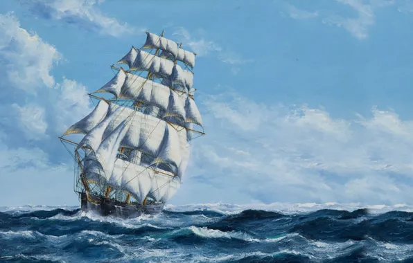 Picture The sky, Sea, Figure, Ship, Sailboat, Sails, Painting