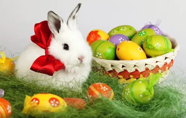 Picture white, holiday, basket, eggs, spring, rabbit, Easter, bow