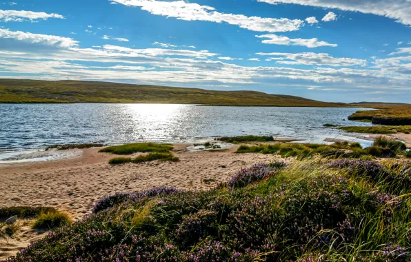 Sand, the sky, grass, water, clouds, Scotland
