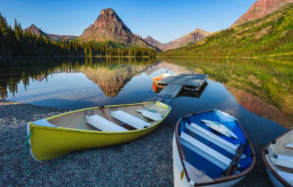 Forest, trees, mountains, lake, shore, boats, pier, USA