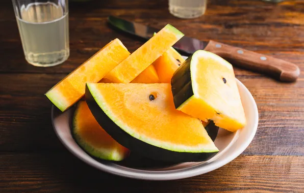 Yellow, glass, table, Board, watermelon, plate, knife, slices