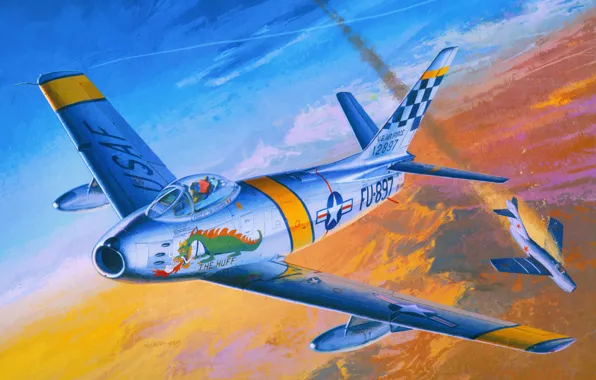 The sky, figure, art, American, aircraft, Soviet, The MiG-15, F-86