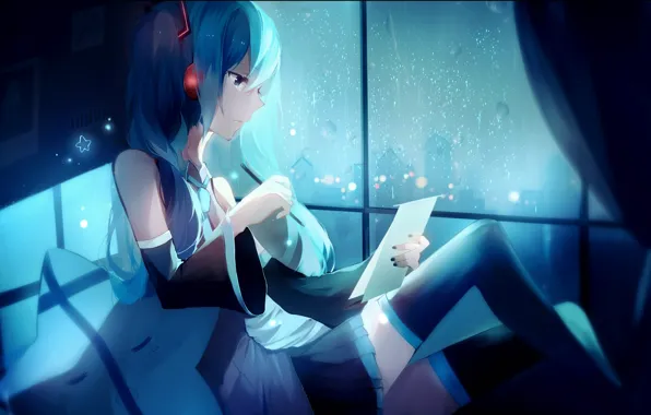 Girl, night, the city, rain, home, anime, headphones, art