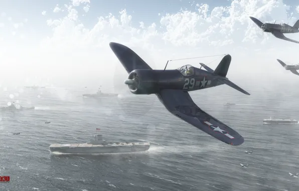 The sky, clouds, fighter, the carrier, Art, corsair, War Thunder, Corsair