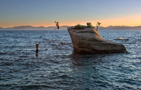 Children, rock, lake, swim, Lake Tahoe, Bonsai Rock