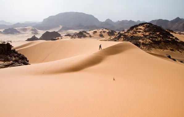 Sand, the sky, mountains, desert, people